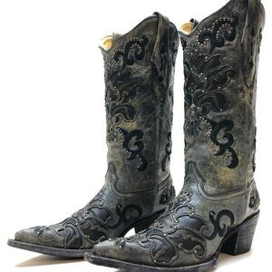 Corral Distressed Black and Gray Embroidered Heeled Boots